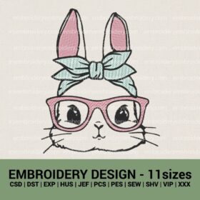 cute Easter bunny with glasses machine embroidery design files instant download