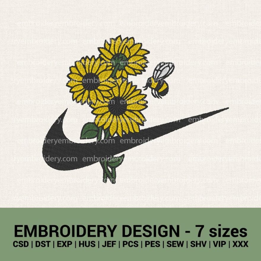 Nike logo sunflowers bee machine embroidery design instant download