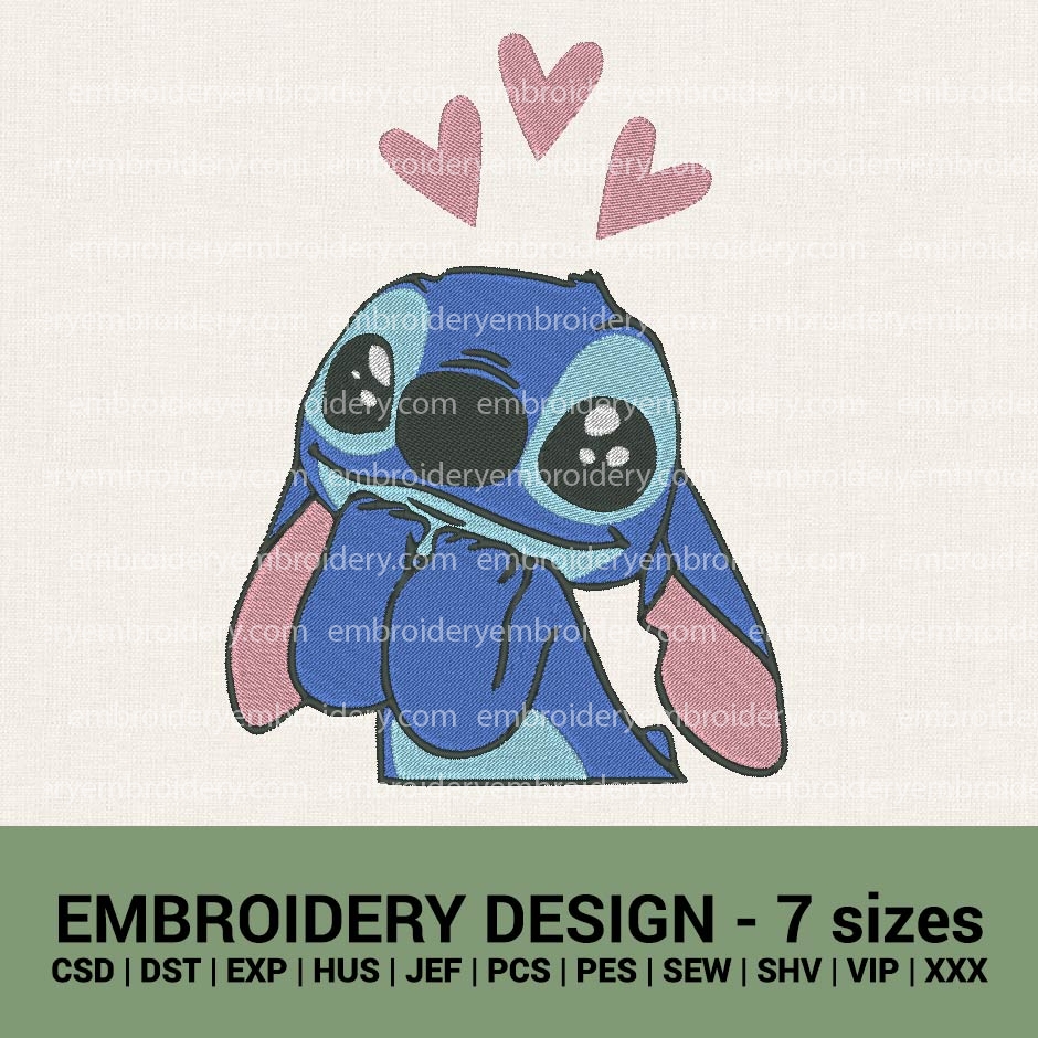 Kawaii Stitch With Hearts Machine Embroidery Design File Lilo 