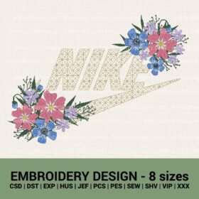 Nike Floral logo summer flowers machine embroidery design files instant download