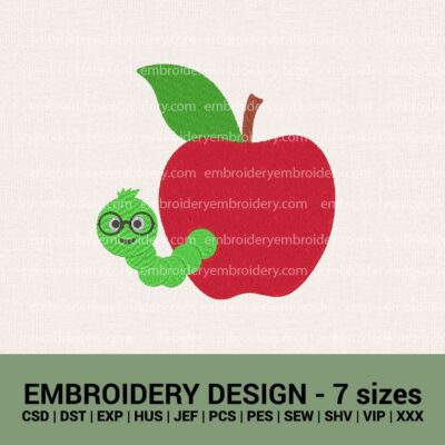 APPLE WITH WORM MACHINE EMBROIDERY DESIGNS BACK-TO-SCHOOL MACHINE EMBROIDERY FILES