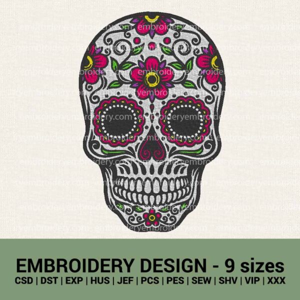 Dia de los muertos skull badge machine embroidery designs