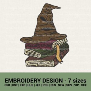 Harry Potter sorting hat with harry Potter books machine embroidery designs