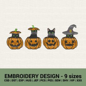 Halloween black cats in curved pumpkins machine embroidery designs instant downloads