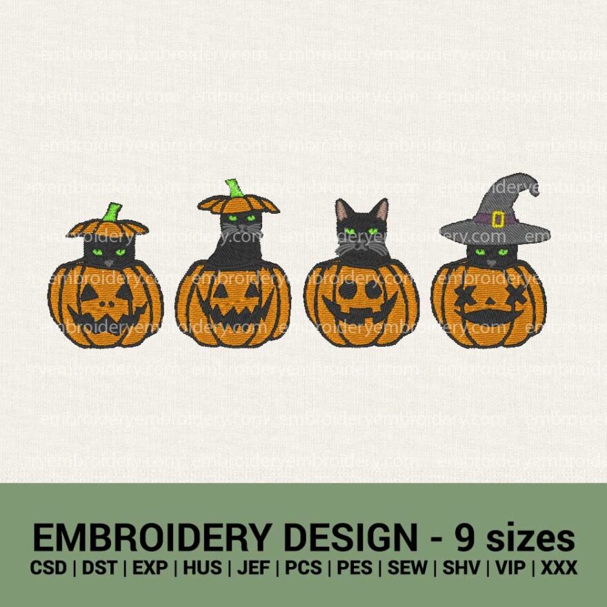 Halloween black cats in curved pumpkins machine embroidery designs instant downloads