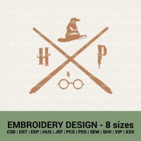 Harry Potter logo magic wands sorting hat glasses machine embroidery designs