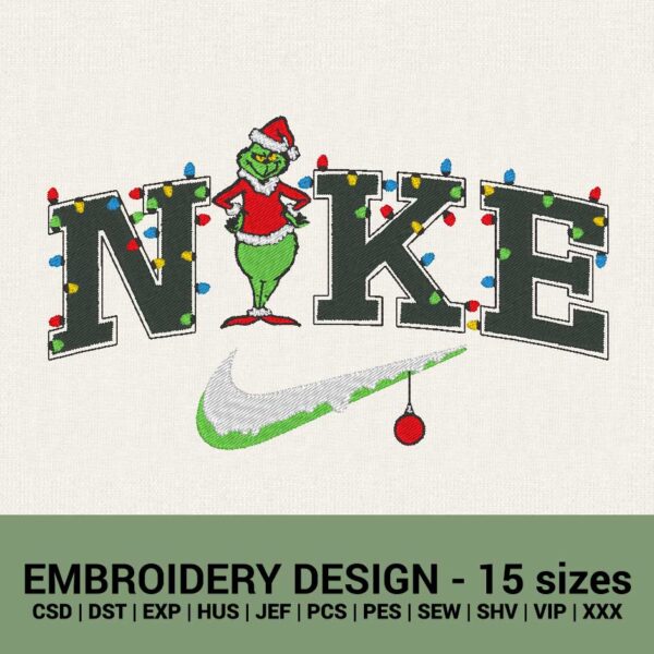 Nike logo Grinch X-mas lights machine embroidery designs instant downloads