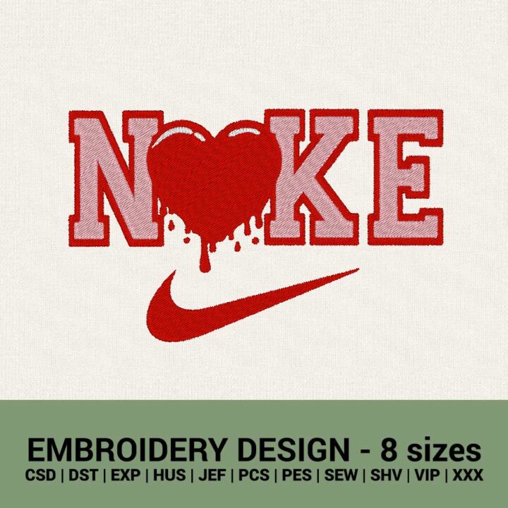 NIKE DRIPPING HEART VALENTINE'S LOGO MACHINE EMBROIDERY DESIGN FILES INSTANT DOWNLOADS