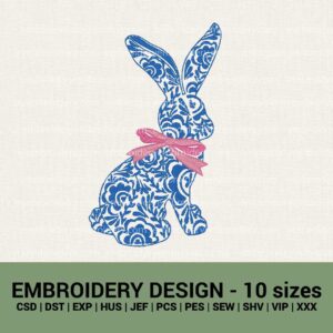 Easter bunny bow chinoiserie rabbit machine embroidery designs instant download
