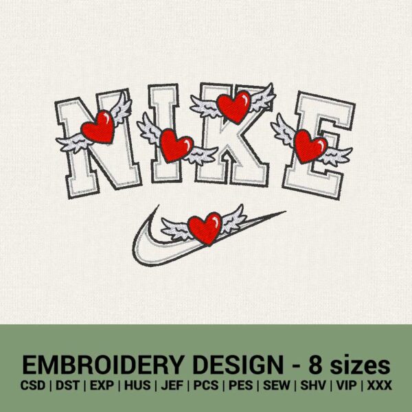 Nike love heart wings valentines logo machine embroidery design