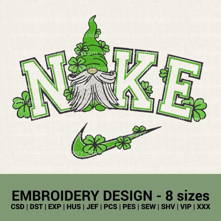 NIKE LUCKY GNOME SHAMROCK ST. PATRICK'S DAY LOGO MACHINE EMBROIDERY DESIGN INSTANT DOWNLOAD