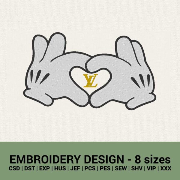 Louis Vuitton Mickey Mouse hands logo machine embroidery design files instant downloads