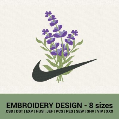 Nike lavender floral swoosh logo machine embroidery design