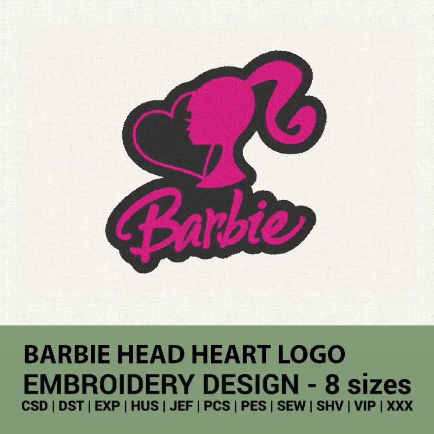 Barbie head heart logo embroidery design instant download