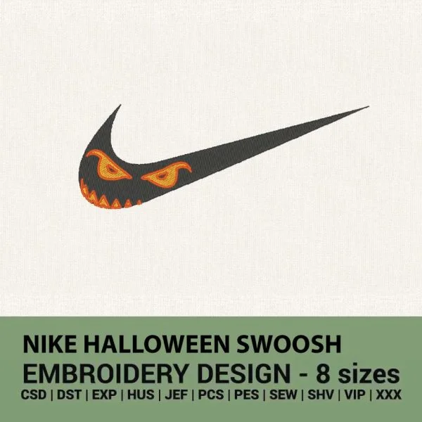 Nike swoosh Halloween Jack-o-Lantern face machine embroidery design