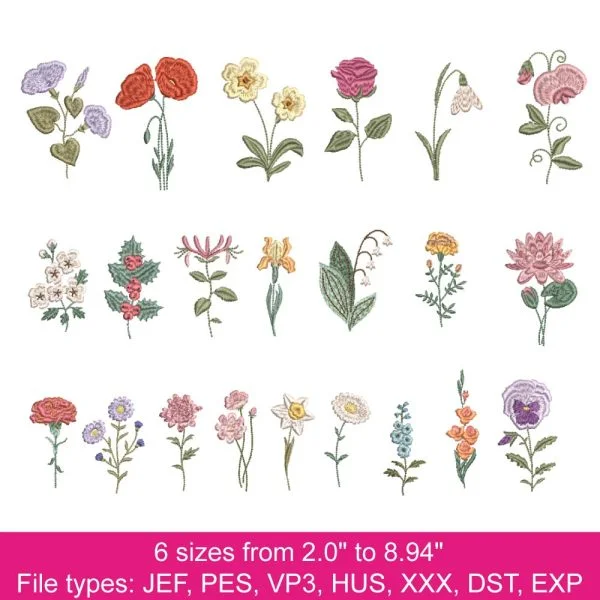Floral embroidery designs, Birth Month Flowers Embroidery Files, Garden embroidery designs, Flower Embroidery Designs
