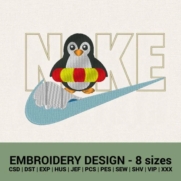 Nike Cute penguin swimming logo machine embroidery design instant download